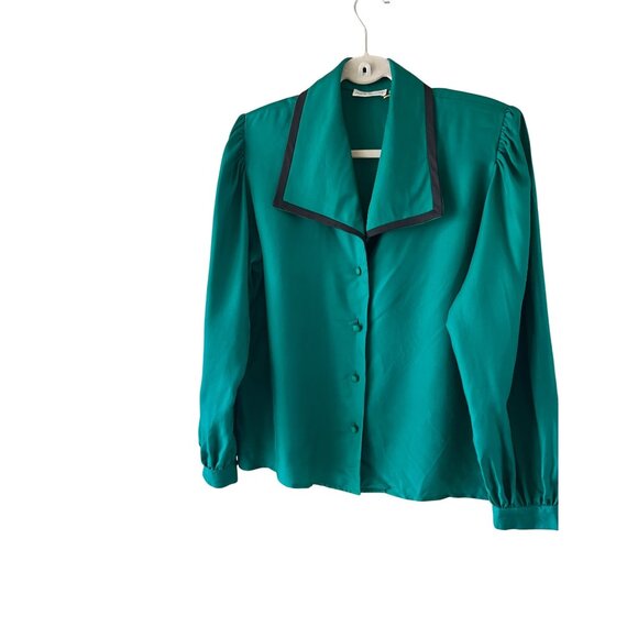 Frank Young Vintage Womens Blouse Size 10 Green Twill Collared Pure Silk - Picture 9 of 10